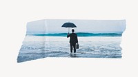 Businessman standing on beach tape on off white background