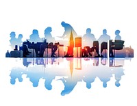 Abstract overlay of business people meeting and the city sunset