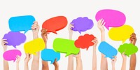 Diverse hands holding speech bubbles isolated image psd