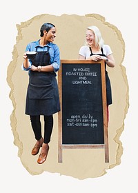 Happy cafe workers, ripped paper collage element