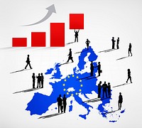 Silhouettes Of Business People On A Blue Cartography Of EU And An Increasing Bar Graph