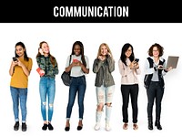 Diverse of Young Women Using Digital Devices Communication Studio Isolated