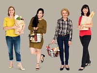 Women Buy Grocery Store Food Basket Studio Portrait Isolated
