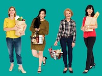 Women Buy Grocery Store Food Basket Studio Portrait Isolated