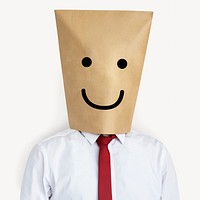 Happy bag covering businessman's head, mental health isolated image