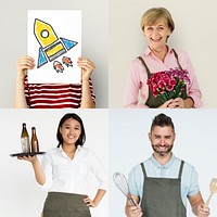 Set of portraits of people with startup concepts