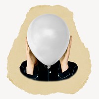 Woman holding balloon, ripped paper collage element
