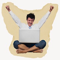 Businessman cheering with laptop, ripped paper collage element