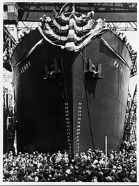 Biography of a Liberty Ship. Birth of a ship. Less than five months from keel laying to launching ceremony was the record set by the Patrick Henry. This time is being reduced to 60 days in the construction of her sister ships of the "Liberty Ship" design. This standard design was selected by the Martime Commission to meet the need for ships that can be built in existing yards in minimum time with the additional purpose of conserving materials vitally needed for the war production effort. Prefabrication of sections in special plants, replacing of riveting wherever possible by welding and other new departures all contribute to the speed of construction and saving of material and dead weight in these ships which are already proving their worth in the war on the Axis. Sourced from the Library of Congress.