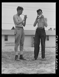 Camp Shelby, Hattiesburg, Mississippi. Two soldiers outside their quarters. Sourced from the Library of Congress.