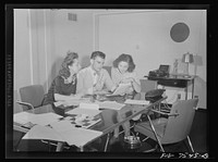 Washington, D.C. Foreign students at the international student assembly recording short talks in their native language to be broadcast by shortwave, after censorship by the Office of War Information (OWI), to Nazi-held territory. French group preparing speeches for broadcast. Left to right Doris Koren, Lucky Baum, Francoise Benoit Levy. Sourced from the Library of Congress.