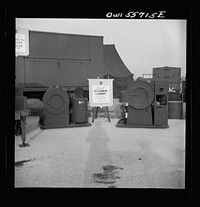 Laundry unit for small detachments. This unit weights 2,465 pounds, will clean and dry 40 pounds of laundry per hour and will serve up to 600 men. Shown with other airborne equipment at demonstration held by United States Army Air Forces. Sourced from the Library of Congress.