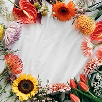 Fresh flower round frame on white background