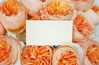 Card atop a bouquet of orange roses