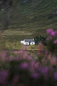 Drone view of cottage at Buachaille Etive Mor in Glen Coe, Scotland