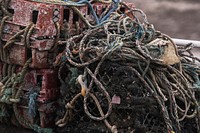Closeup of fish traps on a pier