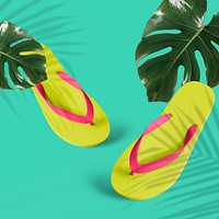 Lime green flip-flops on green monstera background