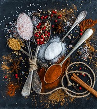 Free different spice, seasonings in spoon public domain CC0 photo.