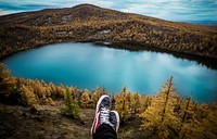 Lake surrounded by trees landscape, free public domain CC0 photo.