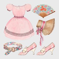 Antique women&#39;s fashion vector outfit design element set, remixed from public domain collection