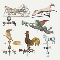 Vintage weather vane illustration vector set, remixed from public domain collection