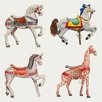 Carousel horse illustration vector set, remixed from public domain collection