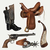 Cowboy saddle and accessories vector design element set, remixed from public domain collection