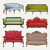 Vintage sofa illustration vector set, remixed from public domain collection