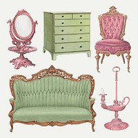 Vintage furniture vector illustration set, remixed from public domain collection