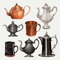 Vintage tea pot illustration set vector, remixed from public domain collection