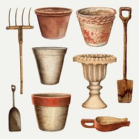 Vintage tools and pot vector illustration set, remixed from public domain collection