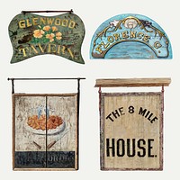 Antique wooden shop sign vector design element set, remixed from public domain collection