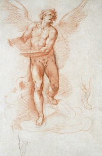 An Angel Holding a Book (recto); Three Studies of a Falling Male Figure (verso) painting in high resolution by Cristoforo Roncalli (1552 - 1626). Original from Getty Museum. Digitally enhanced by rawpixel.