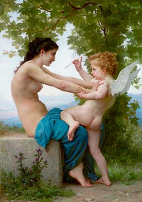 A Young Girl Defending Herself against Eros (1825-1905) illustration in high resolution by William-Adolphe Bouguereau. Original from Getty Museum. Digitally enhanced by rawpixel.