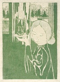 Woman with water jug ​​on tray (Vrouw met waterkan op dienblad) (1894) print in high resolution by Maurice Denis. Original from The Rijksmuseum. Digitally enhanced by rawpixel.