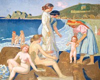 Bathers in Perros Guirec (Baigneuses &agrave; Perros-Guirec) (ca.1909&ndash;1912) painting in high resolution by <a href="https://www.rawpixel.com/search/Maurice%20Denis?sort=curated&amp;page=1&amp;topic_group=_my_topics">Maurice Denis</a>. Original from The Public Institution Paris Mus&eacute;es. Digitally enhanced by rawpixel.