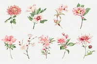 Vintage Japanese pink flower psd art print set, remix from artworks by Megata Morikaga