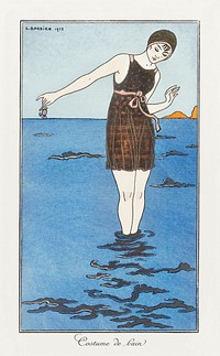 Costumes Parisiens: Grande robe du soir from Journal des Dames et des Modes (1913) fashion illustration in high resolution by <a href="https://www.rawpixel.com/search/George%20Barbier?sort=curated&amp;page=1">George Barbier</a>. Original from The Rijksmuseum. Digitally enhanced by rawpixel.