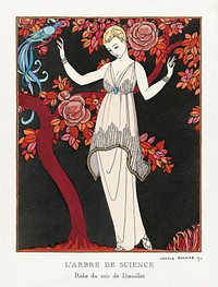 L&#39;Arbre de science: Robe du soir de Doeuillet (1914) fashion illustration in high resolution by <a href="https://www.rawpixel.com/search/George%20Barbier?sort=curated&amp;page=1">George Barbier</a>. Original from The Rijksmuseum. Digitally enhanced by rawpixel.
