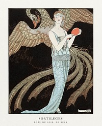 Sortil&egrave;ges: Evening dress, de Beer (1922) fashion illustration in high resolution by <a href="https://www.rawpixel.com/search/George%20Barbier?sort=curated&amp;page=1">George Barbier</a>. Original from The Rijksmuseum. Digitally enhanced by rawpixel.