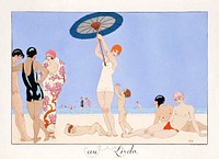 Au Lido Plate no.14 (1920) fashion illustration in high resolution by <a href="https://www.rawpixel.com/search/George%20Barbier?sort=curated&amp;page=1&amp;topic_group=_my_topics">George </a>Barbier. Original from The Beinecke Rare Book &amp; Manuscript Library. Digitally enhanced by rawpixel.