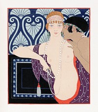 Les Trois Beautes de Mnasidika (1922) fashion illustration in high resolution by <a href="https://www.rawpixel.com/search/George%20Barbier?sort=curated&amp;page=1&amp;topic_group=_my_topics">George Barbier</a>. Original from The Beinecke Rare Book &amp; Manuscript Library. Digitally enhanced by rawpixel.