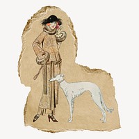 Art deco fashion illustration, George Barbier-inspired vintage artwork, ripped paper badge, remixed by rawpixel