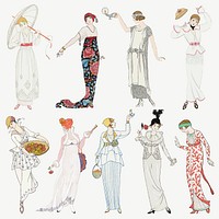 Vintage women's fashion vector set, remix from artworks by George Barbier