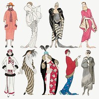 Vintage feminine fashion vector 19th century style set, remix from artworks by George Barbier