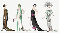 Vintage feminine fashion vector 19th century style set, remix from artworks by George Barbier