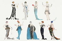 Vintage feminine fashion psd set 19th century style, remix from artworks by George Barbier