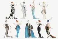 Vintage feminine fashion vector set 19th century style, remix from artworks by George Barbier