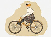 Woman riding bicycle illustration, ripped paper collage element