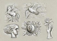 Pegasus, dove, woman&#39;s head, heraldry and hand with rose (ca. 1939&ndash;1941) drawing in high resolution by <a href="https://www.rawpixel.com/search/Leo%20Gestel?sort=curated&amp;page=1&amp;topic_group=_my_topics">Leo Gestel</a>. Original from The Rijksmuseum. Digitally enhanced by rawpixel.